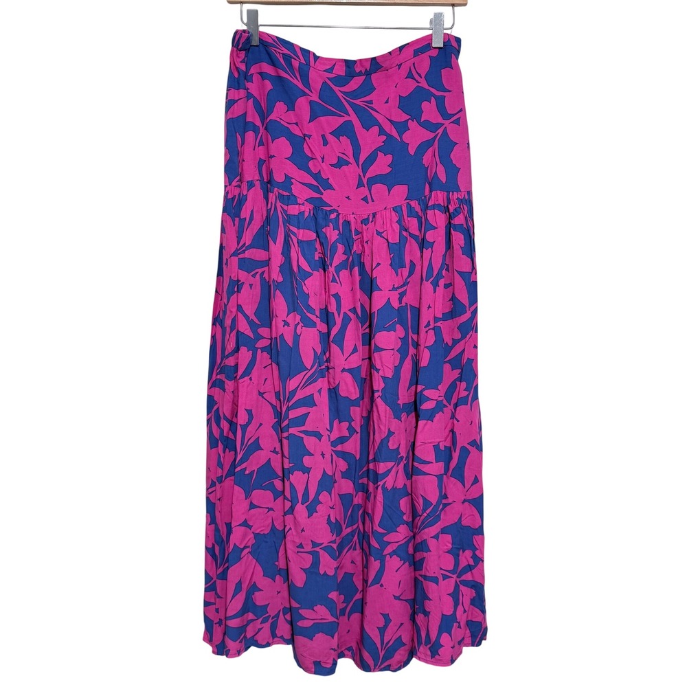 Abel the Label Cassidy Maxi Skirt Pink Blue Floral Tropical Tiered Rayon Size L